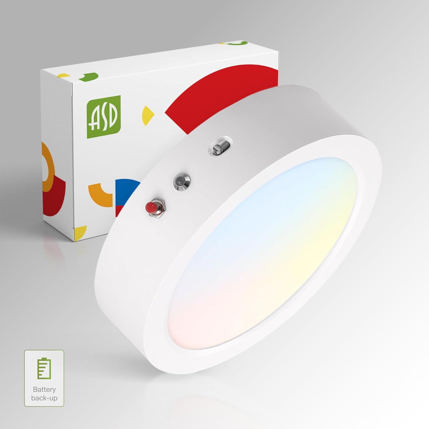 ASD 7 Inch LED Flush Mount Ceiling Light with Emergency Battery Backup - Dimmable 15W 1209LM Flat Lights, 3000K-5000K Adjustable Low Profile Fixtures for Bedroom, Kitchen, Closet - ETL