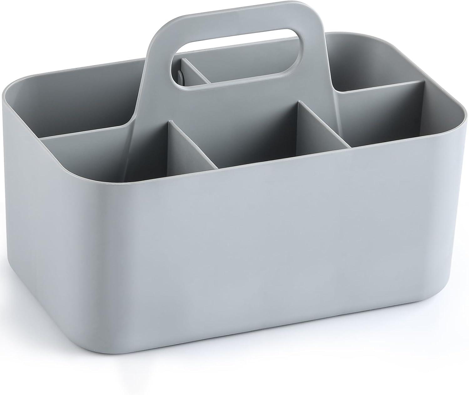 Multiuse Caddy Organizer with Handle - Stackable Plastic Tote Bin - Art Craft Supplies, Office, Desk, Stationery Pen Holder, Kitchen, Utensil, Makeup, Bathroom, Shower, Cleaning, Dorm Organizer - Grey