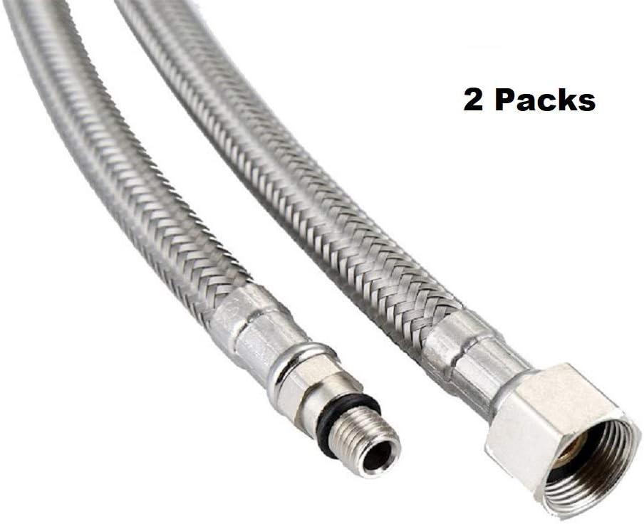 (2Pcs) EZ-Fluid 20-Inch Long Faucet Connector Braided Stainless Steel Supply Hose 3/8-Inch Female Compression Thread x M10 Male Connector