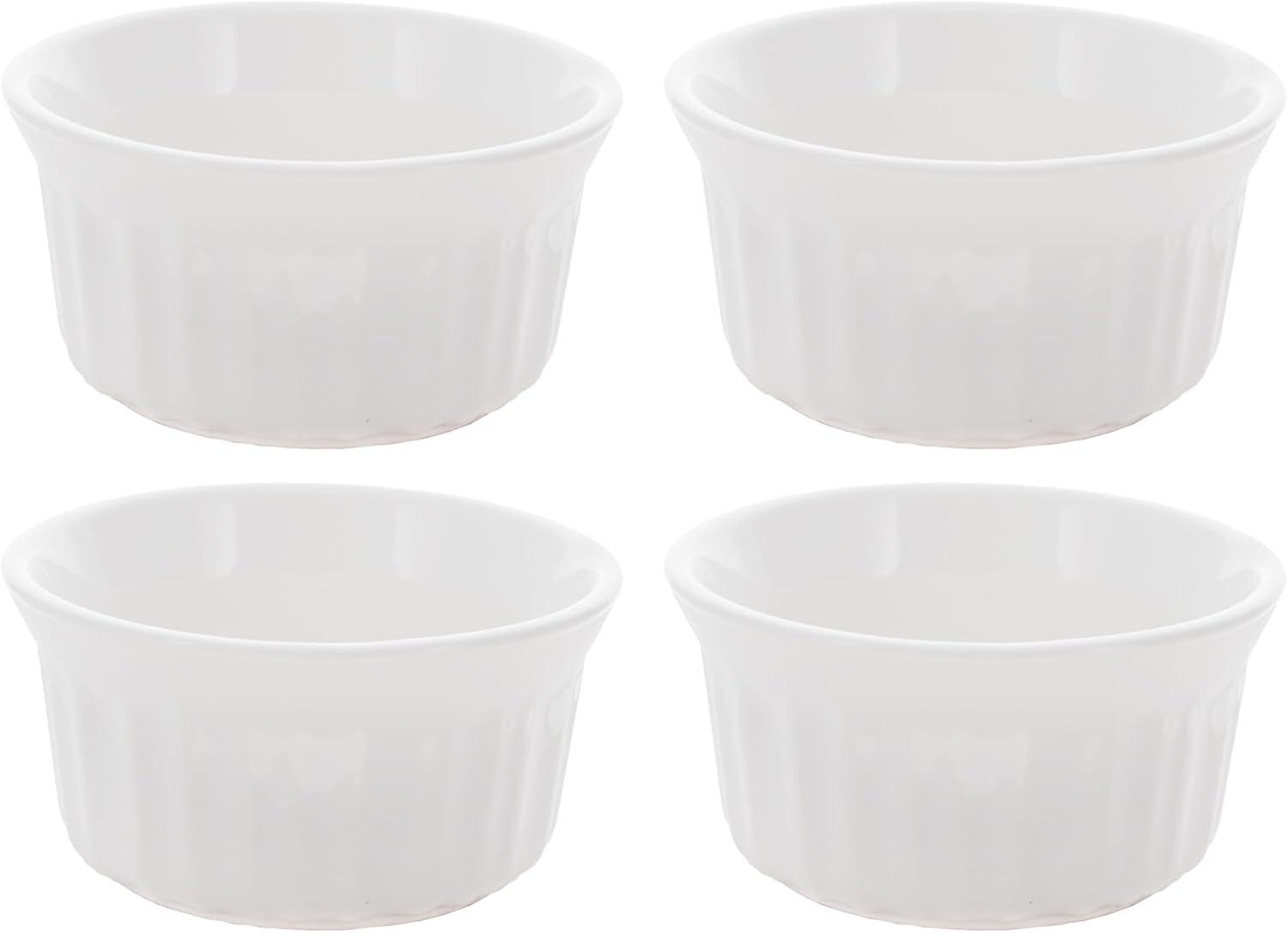 Set of Four White Ceramic Round Ramekins, 4 Fluid Ounces