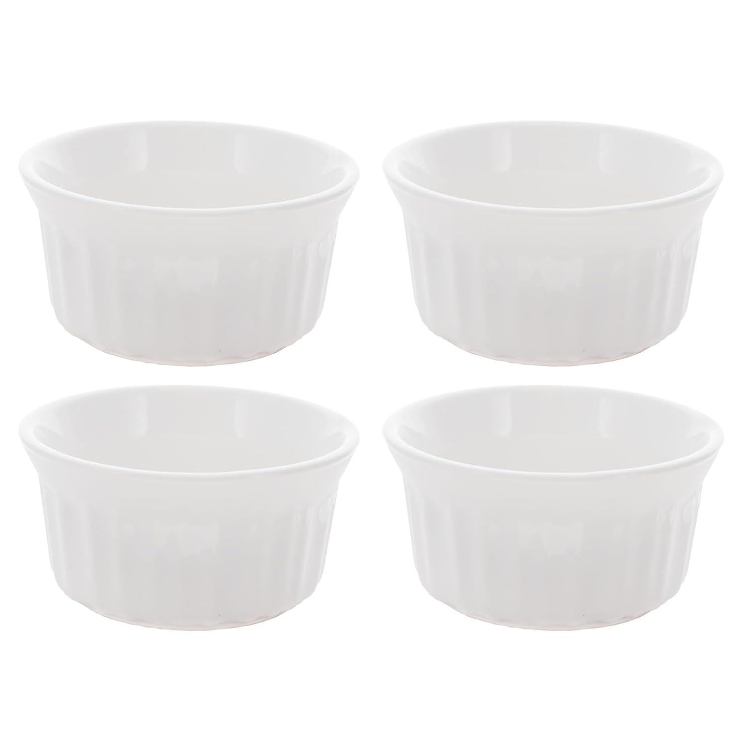 Set of Four White Ceramic Round Ramekins, 4 Fluid Ounces