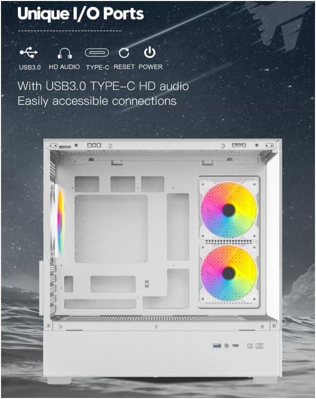 DIYPC ARGB-N1-W White USB3.0 /Type C Micro ATX Gaming Computer Case w/ Frameless Dual Tempered Glass Panel and 3 x ARGB 120mm Fans (Pre-Installed). Support 4090TI GPU and 360mm AIO