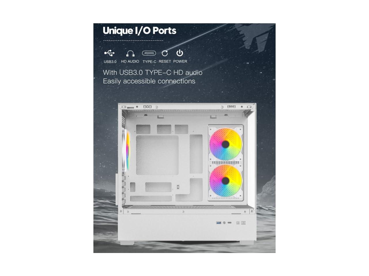 DIYPC ARGB-N1-W White USB3.0 /Type C Micro ATX Gaming Computer Case w/ Frameless Dual Tempered Glass Panel and 3 x ARGB 120mm Fans (Pre-Installed). Support 4090TI GPU and 360mm AIO