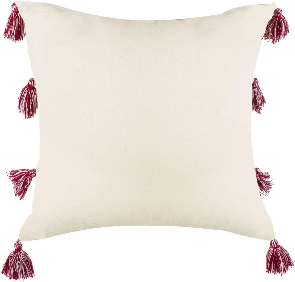 Landria 16" Beige and Red Geometric Throw Pillow with Tassels