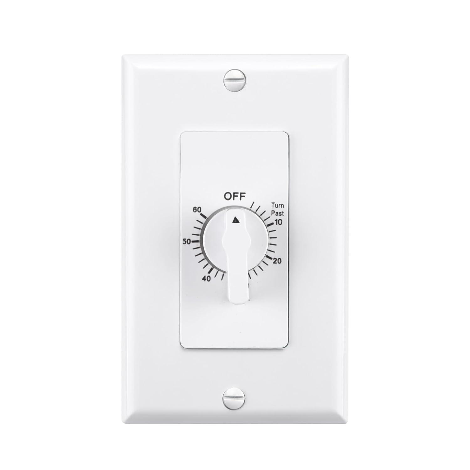 BN-LINK Heavy Duty 60-Minute in-Wall Spring Loaded Countdown Timer, Mechanical Switch,for Bathroom Fan ,Lights Timer, 2 Free Plate (White and Silver Metallic)