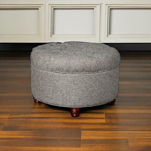 Large Tufted Round Storage Ottoman with Lid & Wood Legs - HomePop