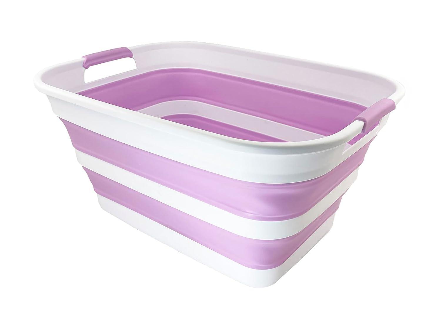 SAMMART 27L (7.1 Gallons) Collapsible Plastic Laundry Basket with Dual Grip Handle, White/Pale Purple/White