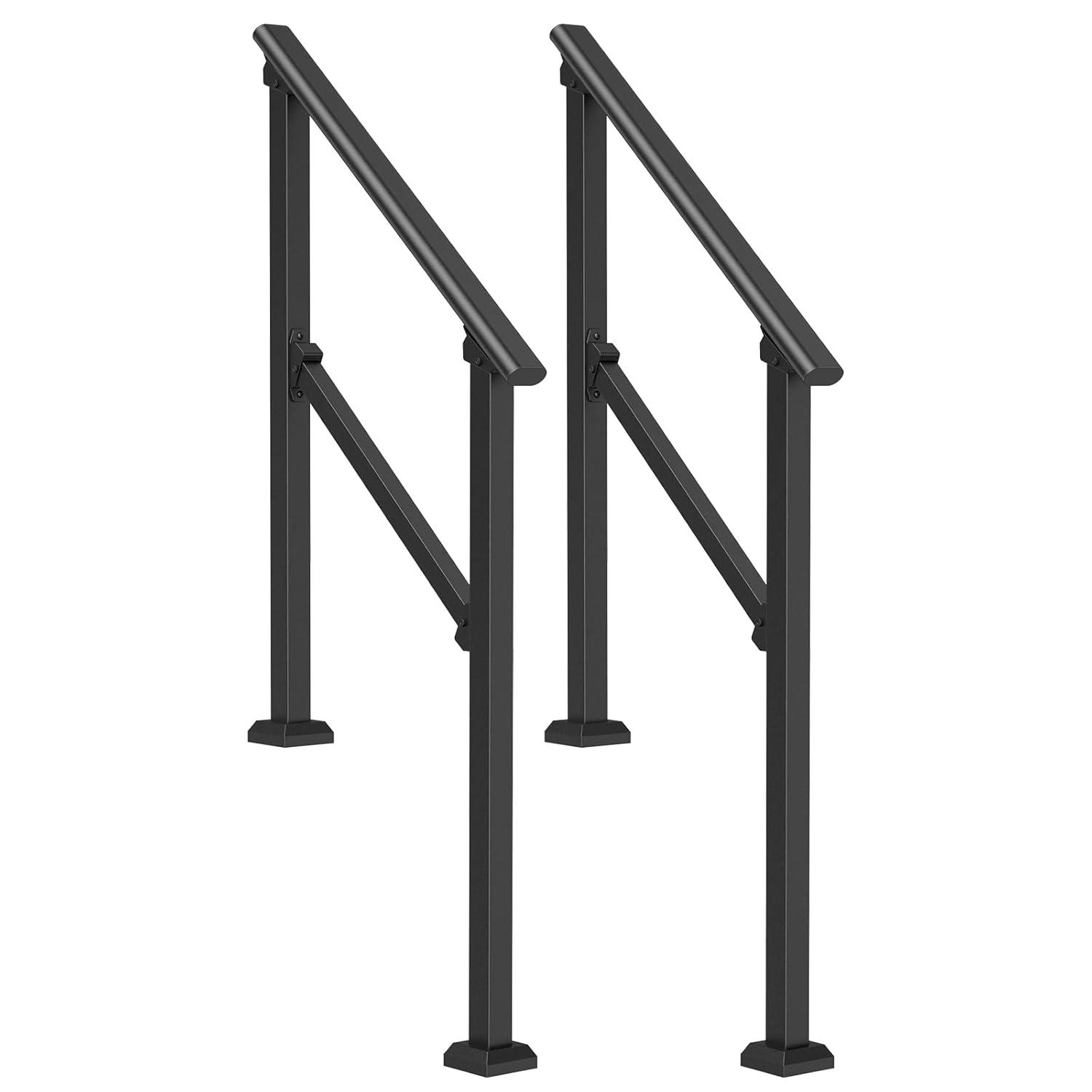 VEVOR Handrails for Outdoor Steps, 2 PCS 2-3 Step Stair Hand Rail Kit, Transitional Carbon Steel Railings with Installation Kit, Stair Rails for Seniors, Concrete & Porch & Deck, Black Square Tube