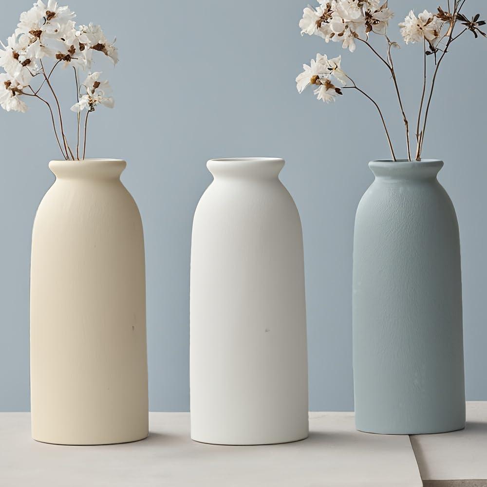 Latitude Run® Set Of 3 Multicolor Ceramic Vases For Home Decor, Farmhouse Style Centerpieces For Living Room, Table, Fireplace, Or Entryway (Blue Mix)