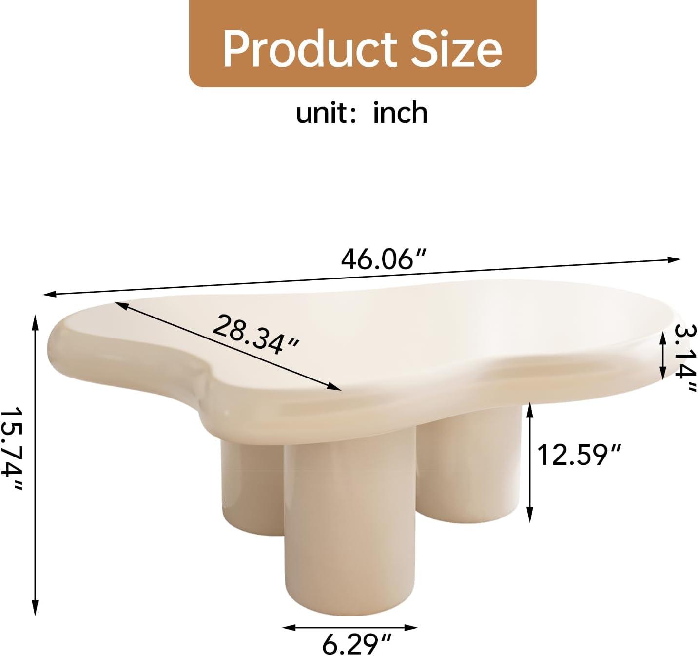 Guyii 41.02" Cream White Cloud Coffee Table, Irregular Coffee Table with 3 Legs for Living Room, Office