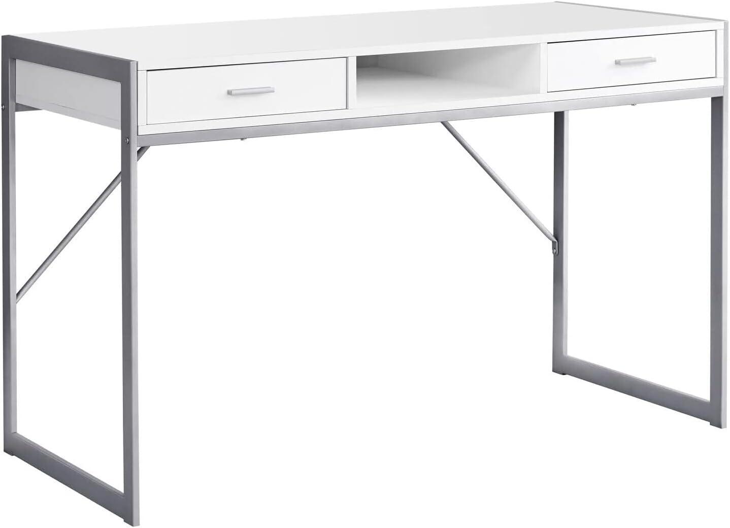 Contemporary 48" White & Silver Home Office Desk with Drawers