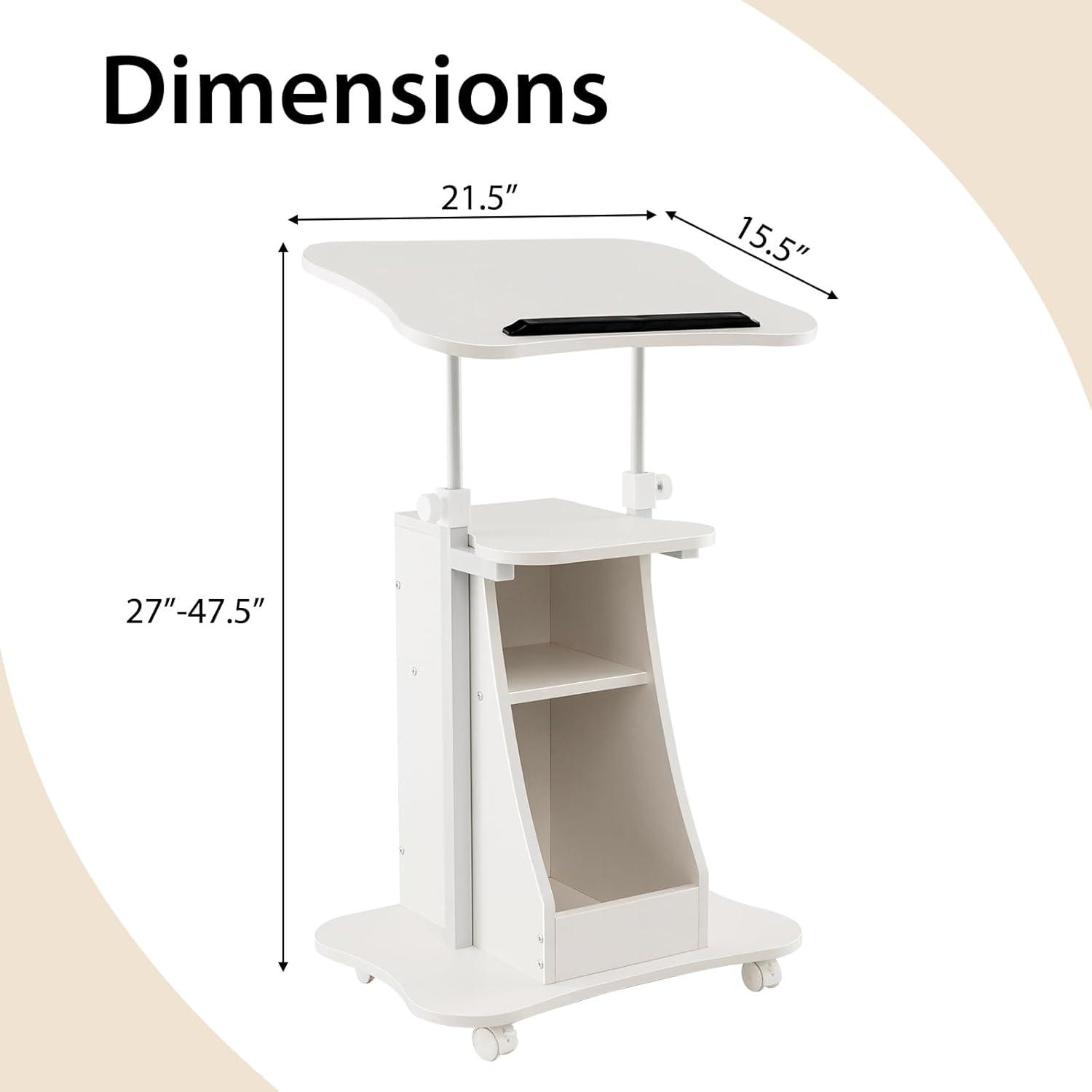 Costway Mobile Podium Stand Height Adjustable Laptop Cart with Storage Compartments Rolling Lectern with Lockable Casters for Classroom Office White