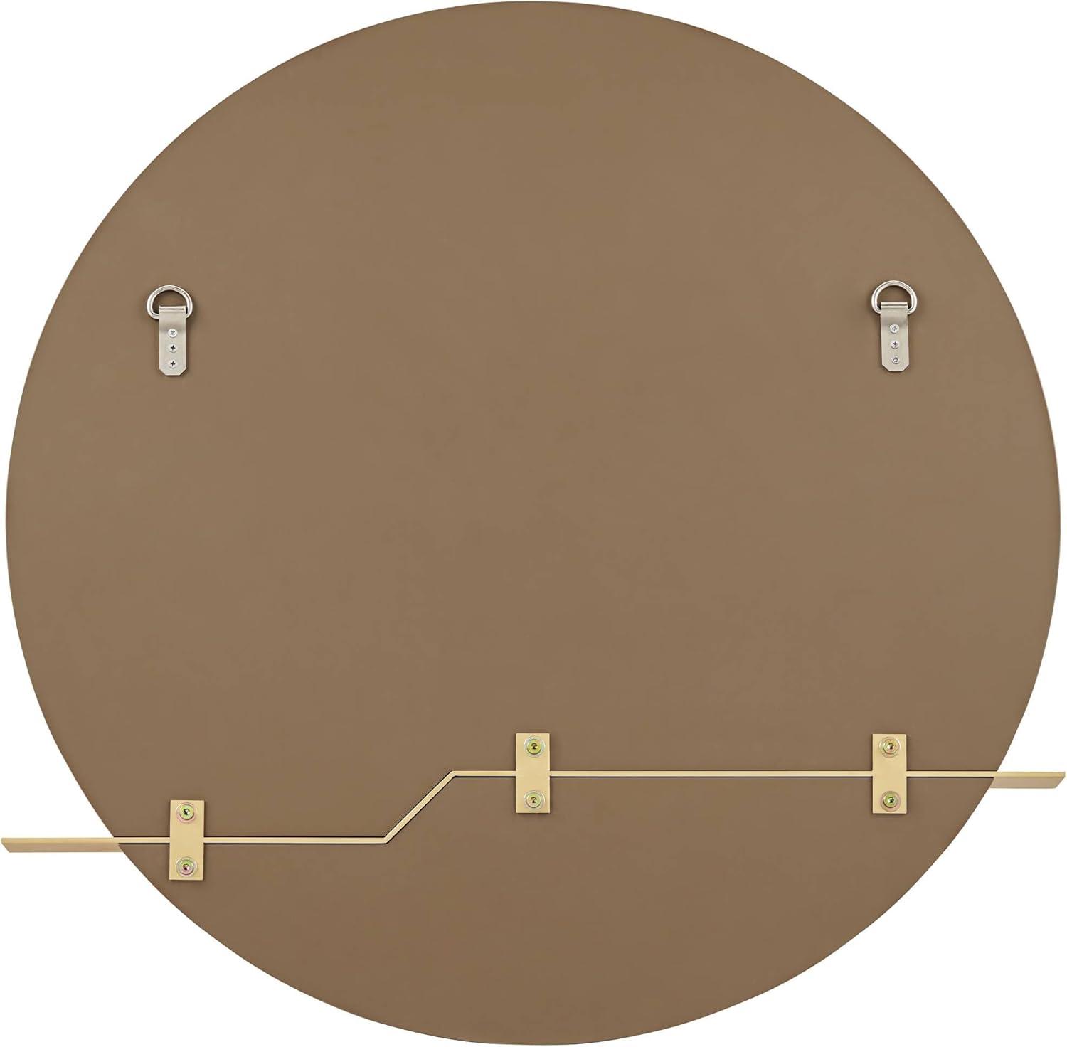 Possini Euro Design Loft Round Vanity Wall Mirror with Gold Shelf Modern Beveled Glass Brown Wood Frame 31 1/2" Wide for Bathroom