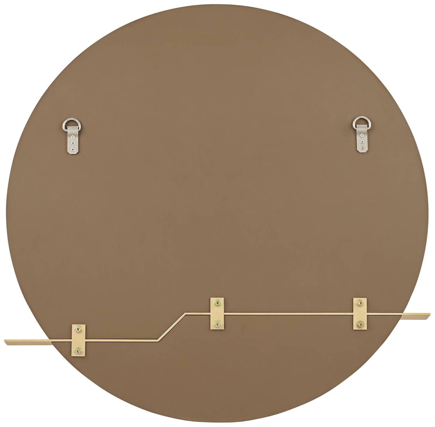 Possini Euro Design Loft Round Vanity Wall Mirror with Gold Shelf Modern Beveled Glass Brown Wood Frame 31 1/2" Wide for Bathroom