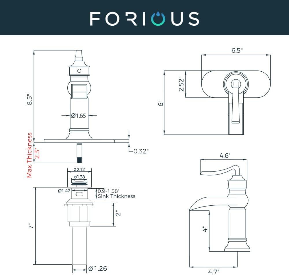FORIOUS Black Waterfall Bathroom Faucet, Single Handle Antique Bathroom Sink Faucet with Deck Plate, Lead-Free CUPC Hose and Metal Pop-up Drain for 1 Hole or 3 Hole Farmhouse, Lavatory, Vanity
