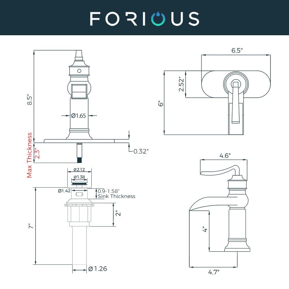 FORIOUS Black Waterfall Bathroom Faucet, Single Handle Antique Bathroom Sink Faucet with Deck Plate, Lead-Free CUPC Hose and Metal Pop-up Drain for 1 Hole or 3 Hole Farmhouse, Lavatory, Vanity