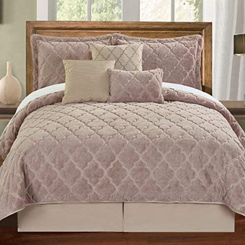 Serenta Faux Fur Ogee Embroidery 7 Piece Bedspread Quilts Set, King, Taupe