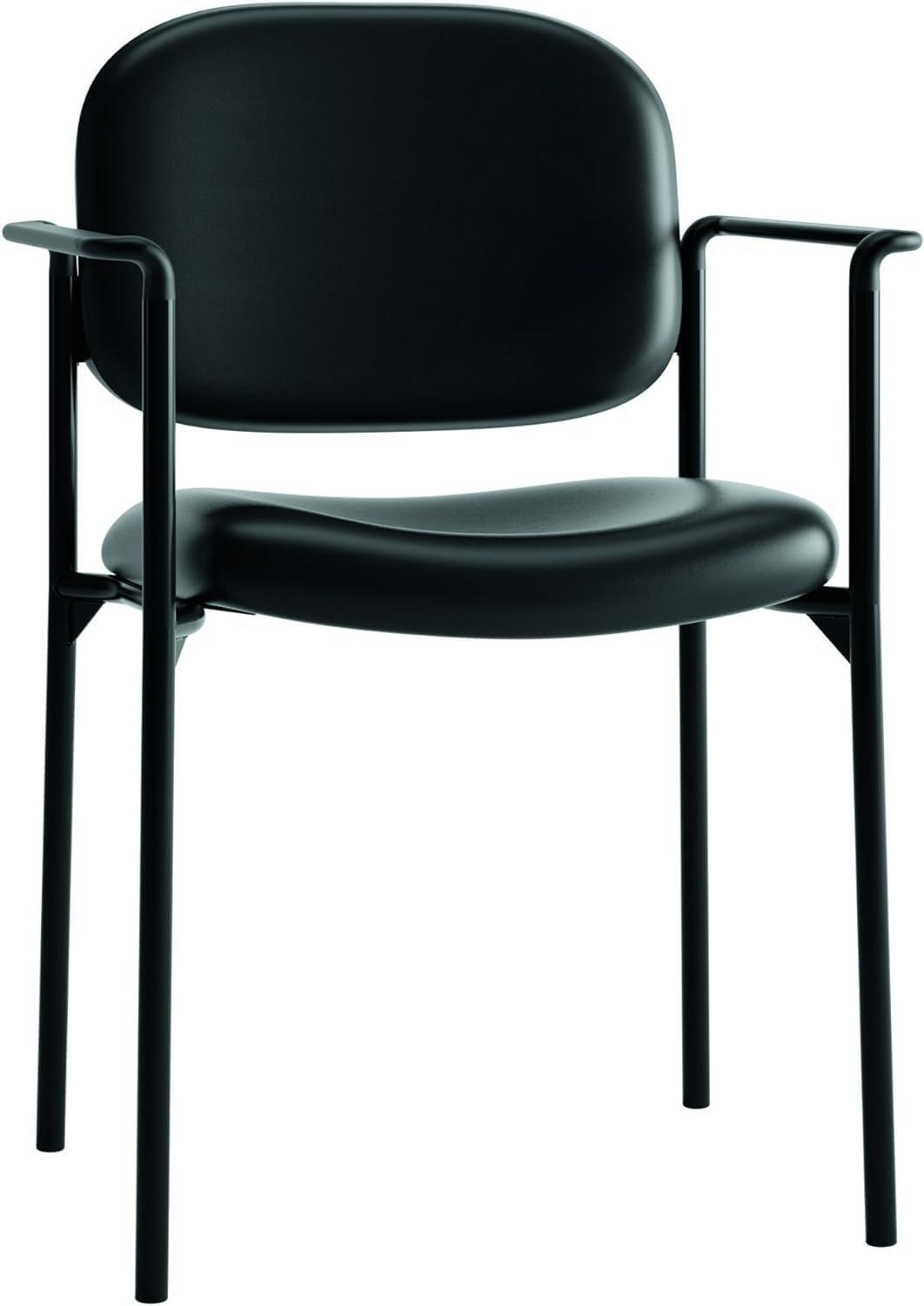 Stackable Black Leather & Steel Visitor Chair with Fixed Arms