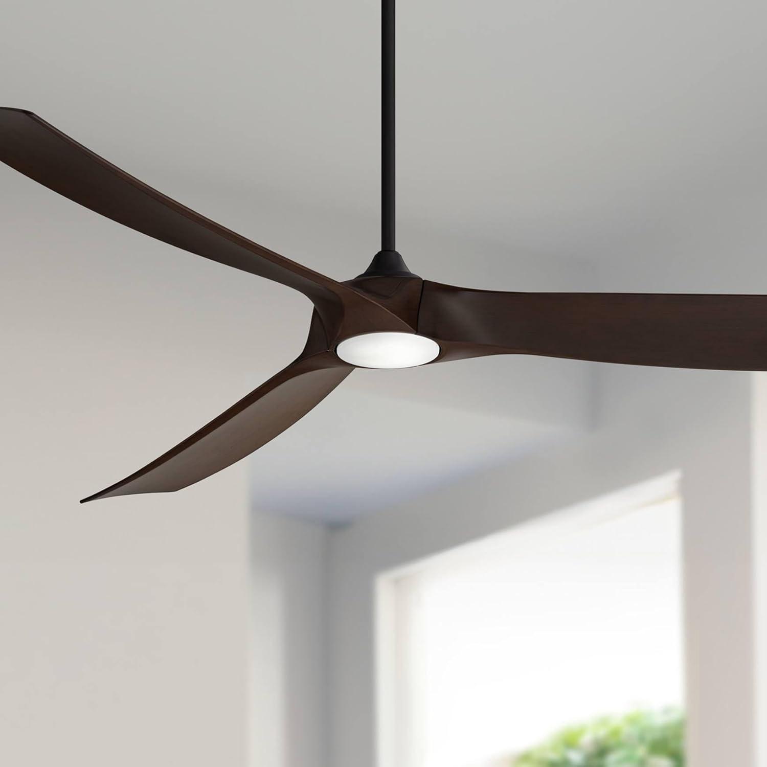 Casa Vieja 70" Kona Wind Modern Indoor Outdoor Ceiling Fan 3 Blade LED Light Remote Control Black Finish Walnut Blades Bedroom DC Motor Damp Rated