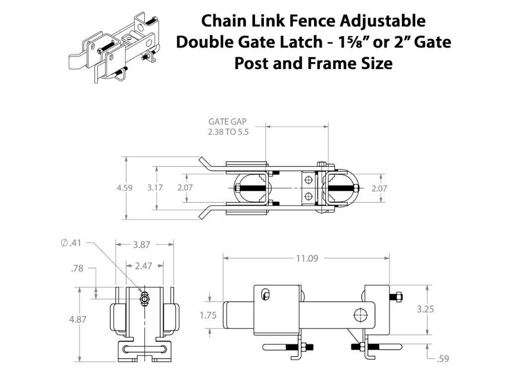 Chain Link Fence Commercial Strong Arm Double Gate Latch for 1-5/8" thru 2" Gate Frames Pipe Sizes. Use this Double Gate Latch Where 2 Gates Swing Together.