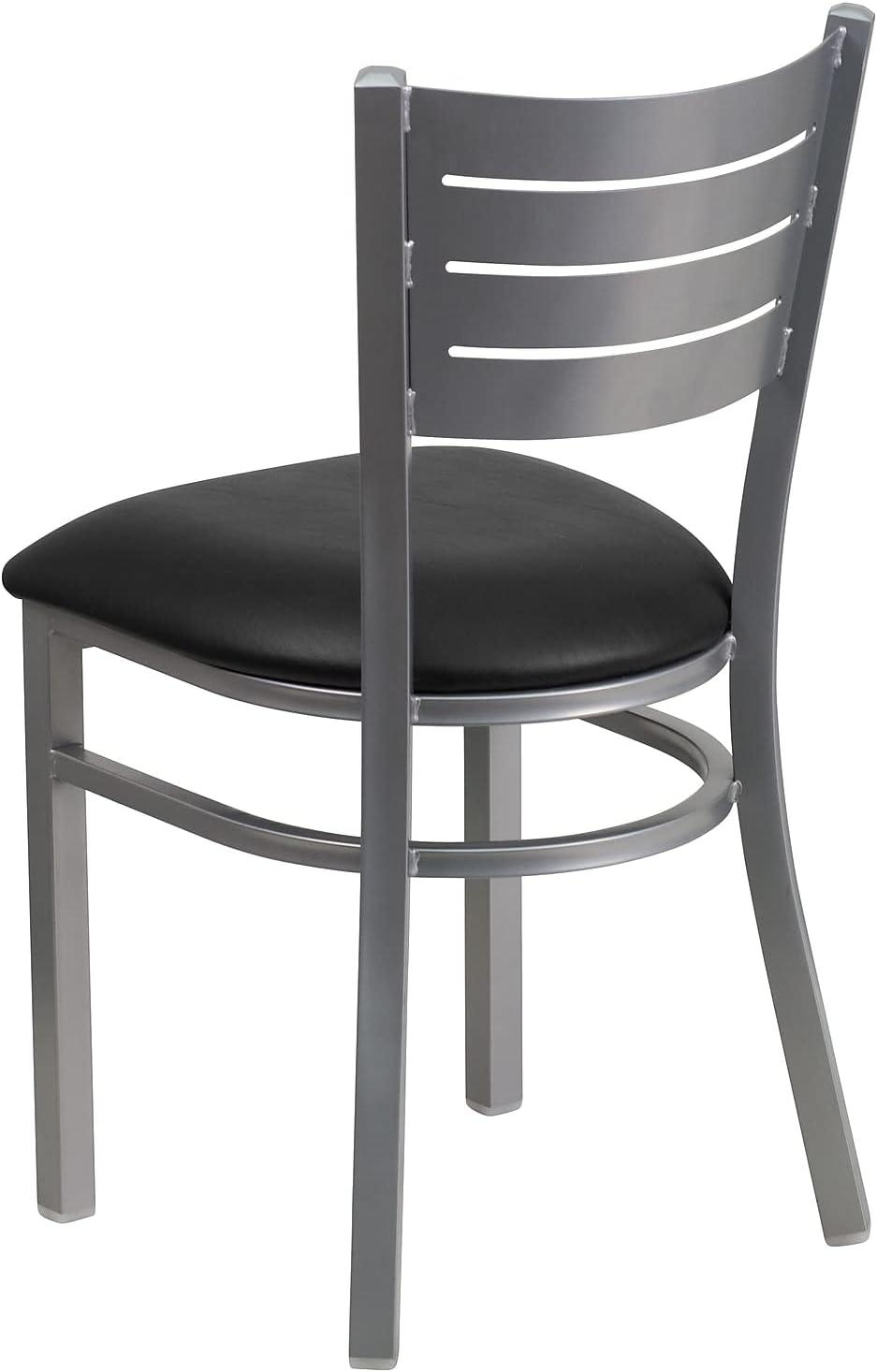 Flash Furniture HERCULES Series Silver Slat Back Metal Restaurant Chair - Black Vinyl Seat