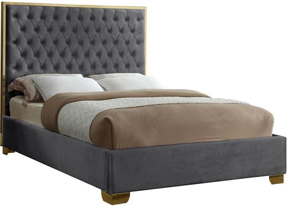 Meridian Furniture Lana Solid Wood and Velvet Queen Bed in Gray