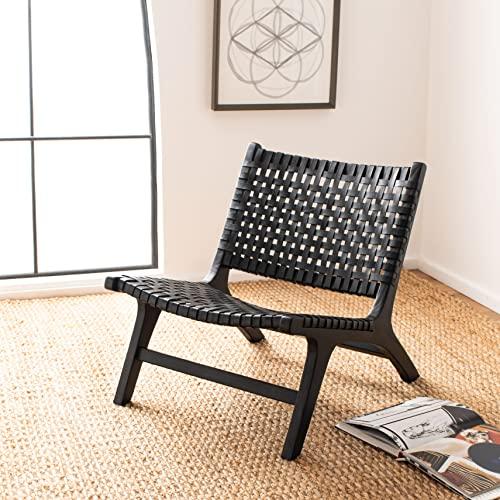 Luna Black Leather Woven Accent Chair with Sungkai Wood Frame