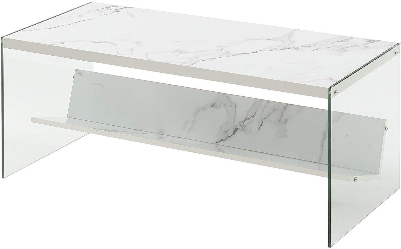 Sleek Modern 40" White Faux Marble and Glass Coffee Table