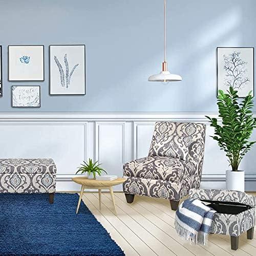 Medium Storage Ottoman Gray/Blue - HomePop: Upholstered Rectangular Footstool with Damask Pattern, Plywood & Hardwood Frame