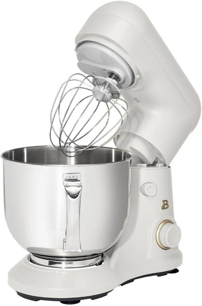 Beautiful 5.3 Qt Stand Mixer, White Icing with Flat Beater, Dough Hook, Balloon Whisk