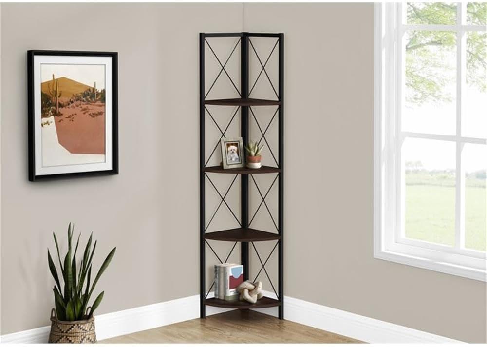 Bookshelf, Bookcase, Etagere, Corner, 4 Tier, 60"H, Office, Bedroom, Metal, Laminate
