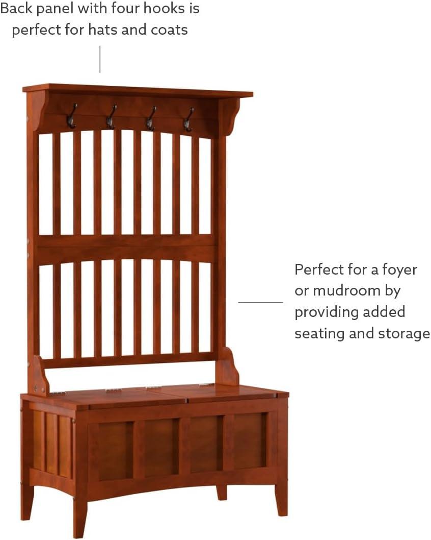 Misson Traditional 4 Double Hooks Storage Bench Top Shelf Hall Tree Walnut Finish - Linon: Entryway Organizer, Flip-up Seat