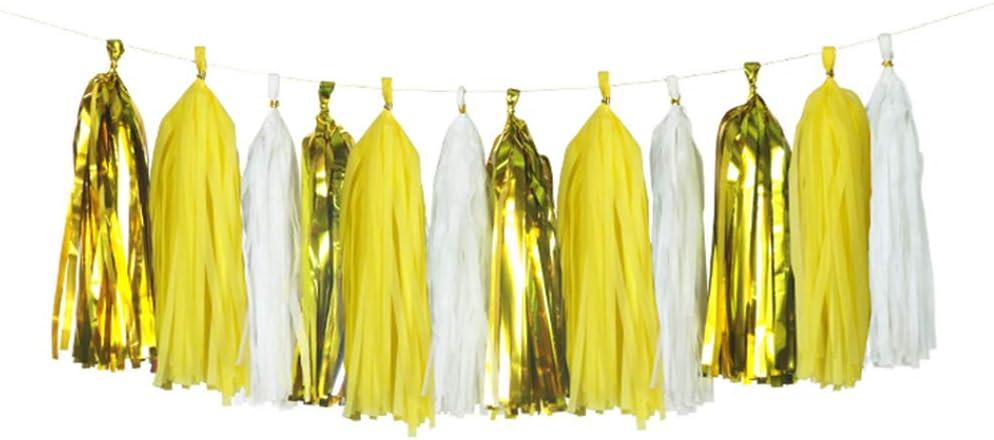 Yellow Birthday Party Decoration - 6 Hanging Fans & Birthday Banner & Decorative Circle Dot Garland & 12 Paper Tassels for Birthday Party, Baby Shower, Wedding etc.