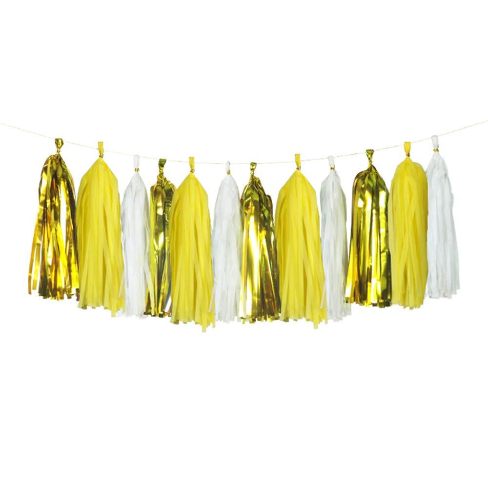 Yellow Birthday Party Decoration - 6 Hanging Fans & Birthday Banner & Decorative Circle Dot Garland & 12 Paper Tassels for Bday Party, Baby Shower, Wedding etc.