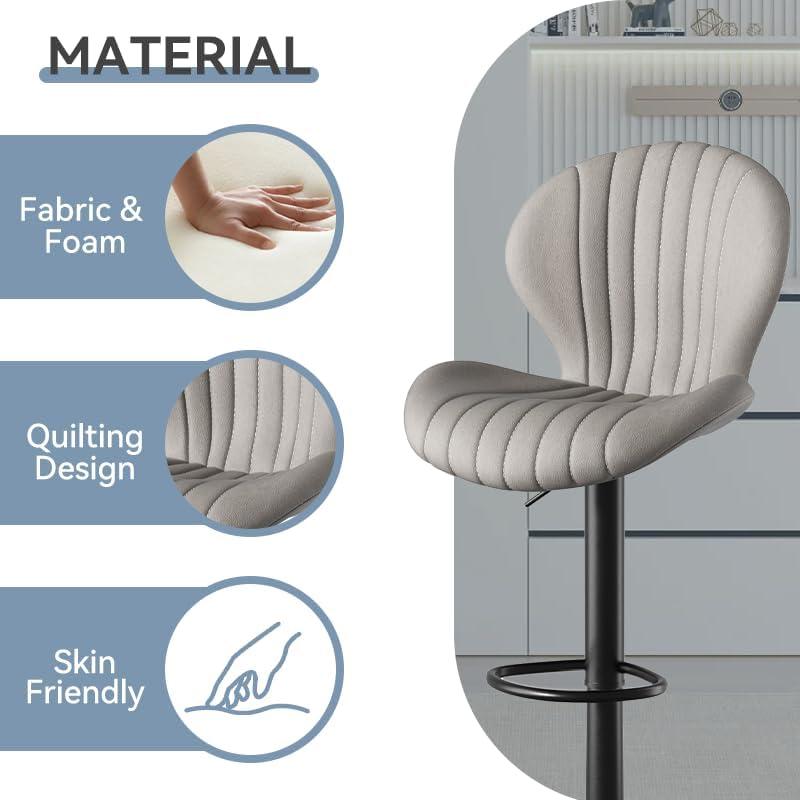 FLYSKY Bar Stools Set of 2 -Faux PU Leather Bar Chairs with Back, Adjustable Swivel Bar Stool, Light Gray