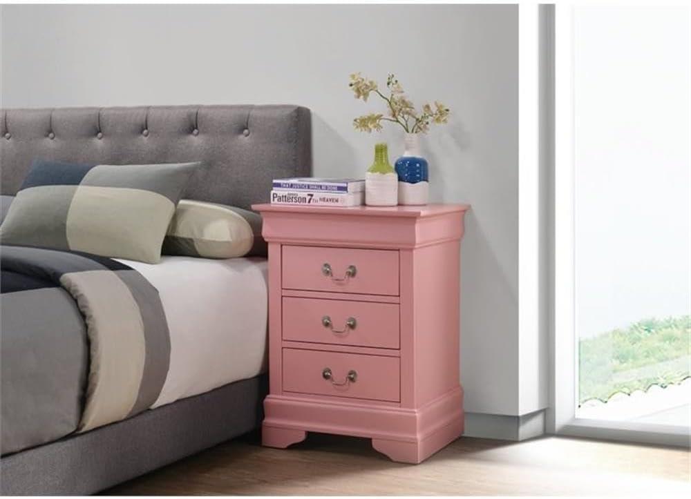 Pink 3 Drawer Nightstand with Real Wood Veneers