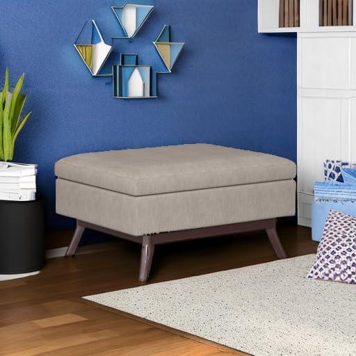 Simpli Home Owen 34"W Upholstered Coffee Table Storage Ottoman with Lift Top and Solid Wood Legs