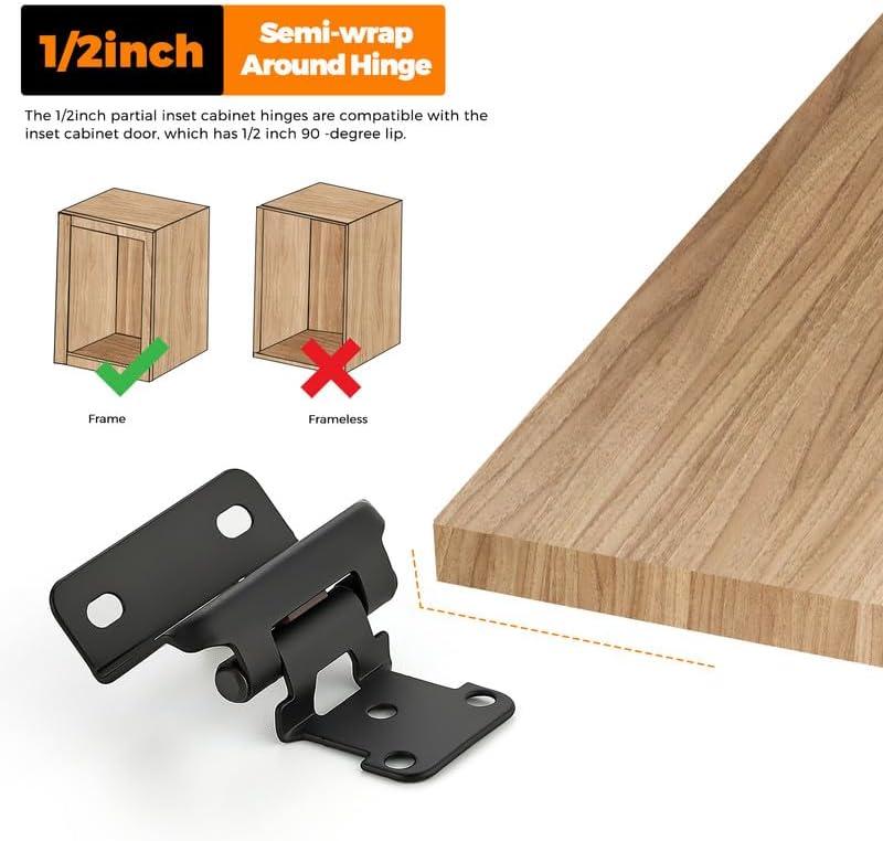 50 Pack 25 Pairs Semi-Overlay 1/2 inch Self-Closing Face Frame Cabinet Hinges Matte Black Half Wrap-Around Kitchen Cabinet Door Hinges Face Mount Cabinet Hardware Matte Black Matte Black