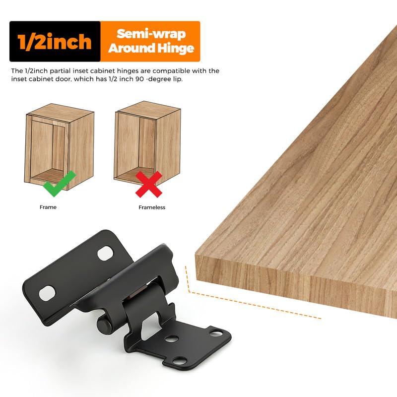 50 Pack 25 Pairs Semi-Overlay 1/2 inch Self-Closing Face Frame Cabinet Hinges Matte Black Half Wrap-Around Kitchen Cabinet Door Hinges Face Mount Cabinet Hardware Matte Black Matte Black