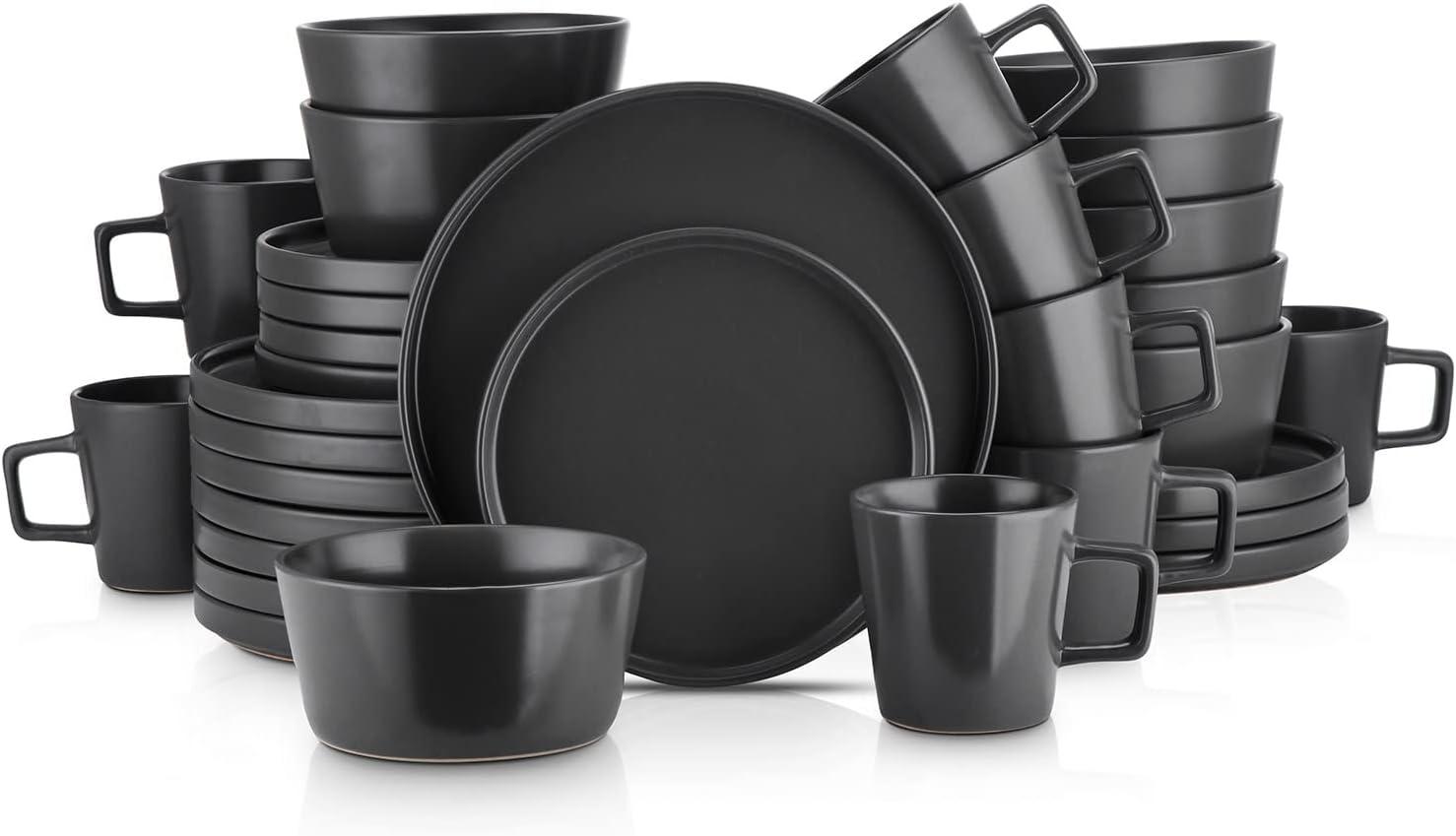 Stoneware Dinnerware Set 32-Pc Black Matte - Microwave & Dishwasher Safe for Daily Use & Entertaining | Durable, Chip-Resistant, Easy Clean Dishes