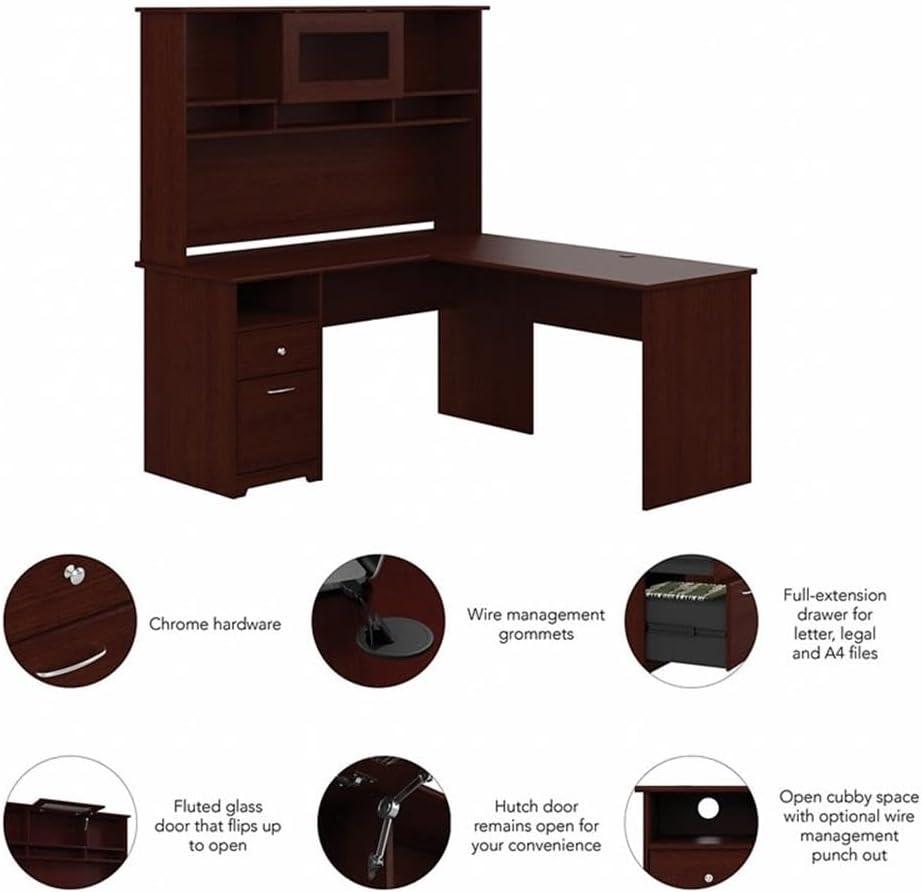 Cabot Modern 60W L Desk with Hutch, includes File Drawer and Storage Shelves in Harvest Cherry