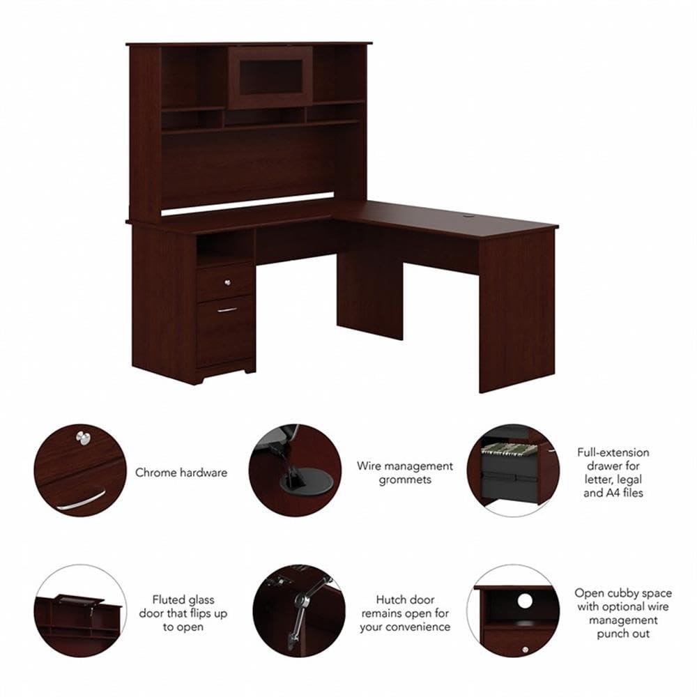 Cabot Modern 60W L Desk with Hutch, includes File Drawer and Storage Shelves in Harvest Cherry