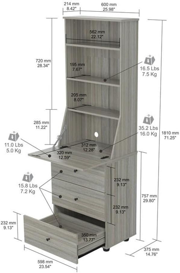 Computer Credenza Workcenter Gray - Inval: Smoke Oak Laminate, Glass Doors, Cable Management