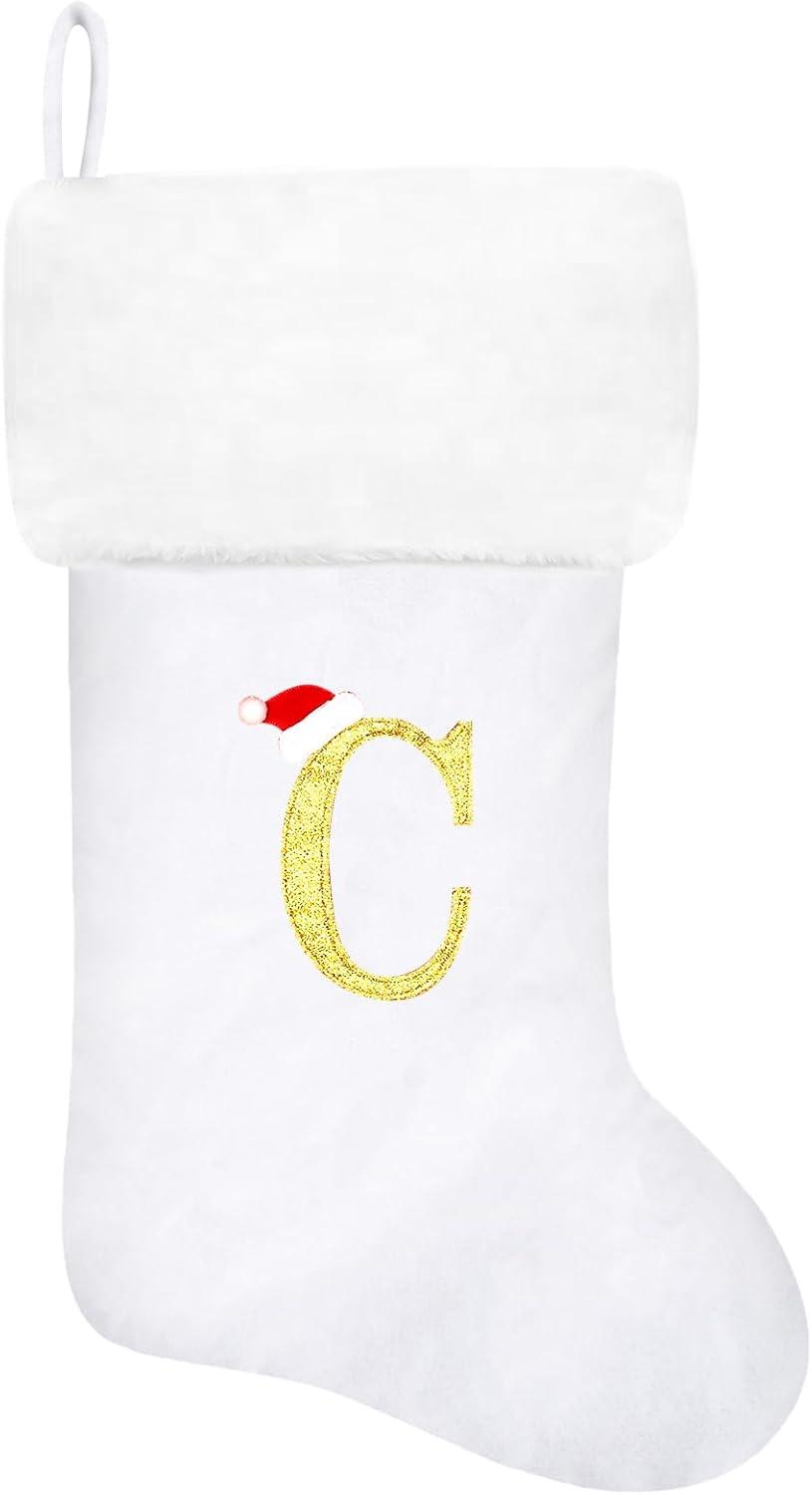 20 Inches Monogram Christmas Stockings White Velvet with White Super Soft Plush Cuff Embroidered Xmas Stockings Classic Personalized Stocking Decorations for Family Holiday Season Decor(R)