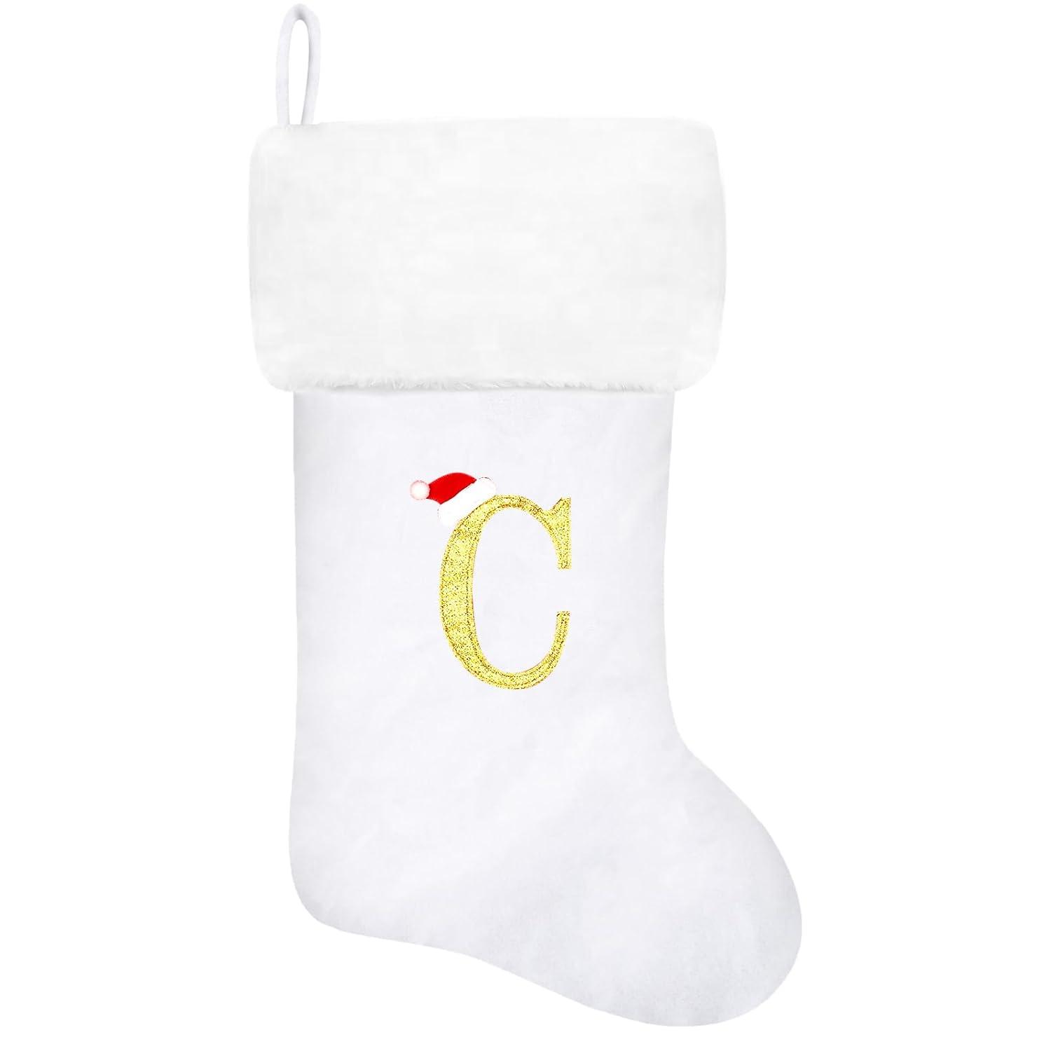 20 Inches Monogram Christmas Stockings White Velvet with White Super Soft Plush Cuff Embroidered Xmas Stockings Classic Personalized Stocking Decorations for Family Holiday Season Decor(R)