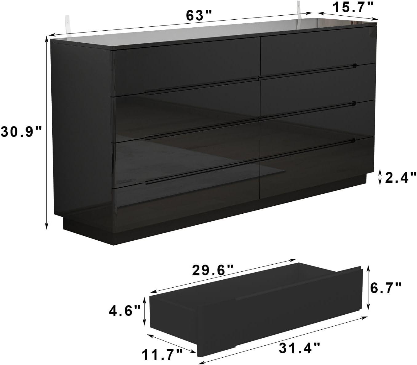 Black 8-Drawer 63 in. W Wood Double Dresser Chest of Drawers Bedroom Storage Organizer in With High Gloss and LED Lights