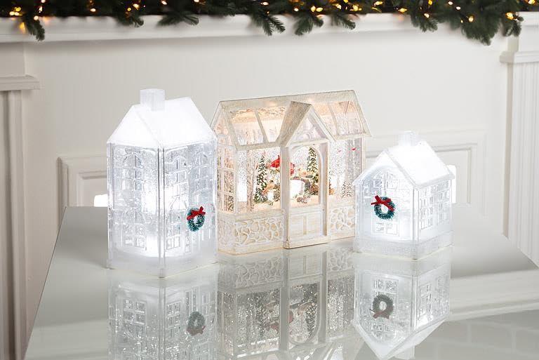 White Cardinals in Greenhouse LED Snow Globe Lantern