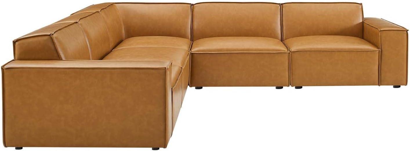 Beige Vegan Leather Tufted 5-Piece Reception Sectional with Ottoman