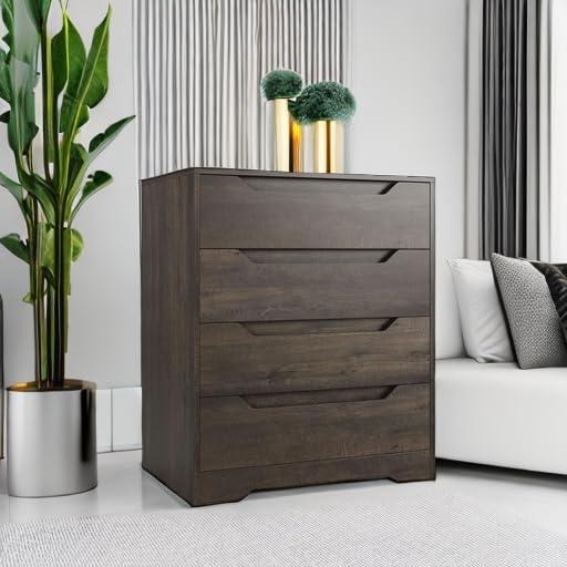Homfa 4 Drawer Dresser for Bedroom, Wooden Handless Chest of Drawers, Modern Nightstand Storage Cabinet for Living Room, Dark Brown