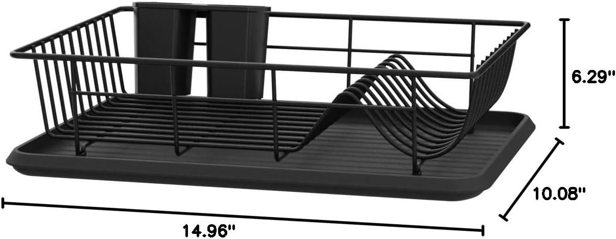iSPECLE Dish Drying Rack with Drainboard - Dish Racks for Kitchen Counter, Rust-Resistant Compact Dish Drainer with Utensil Holder, Drain Spout and High Feet on Drip Tray, Black